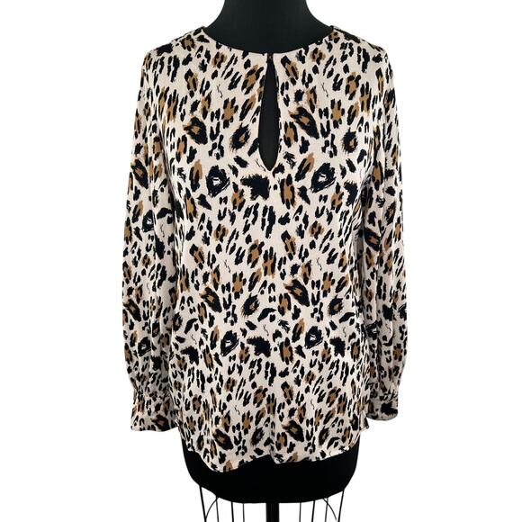 & Other Stories Cream Black Leopard Print Long Sleeve Womens Keyhole Top Size 8 - Picture 1 of 11